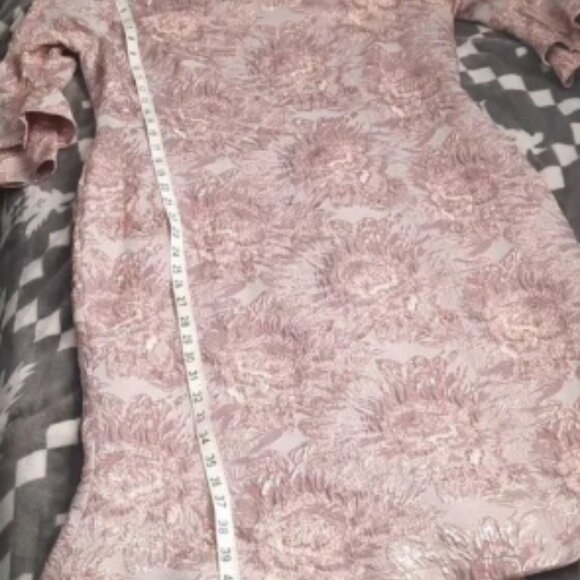 Theia Metallic Gold & Gray Beaded Sequin Neckline Bell Sleeve Dress Size 14 - Picture 8 of 8